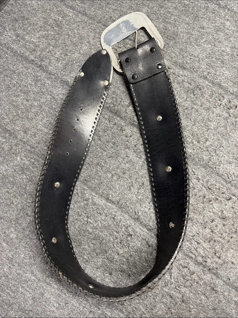 Big AL Vintage Western Black Leather Belt with Silver Engraved Buckle